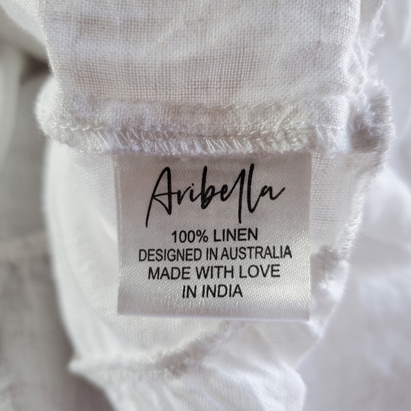Aribella White Peasant Linen Midi Dress Bohemian Long Sleeves Front Button Mediu - Picture 7 of 10